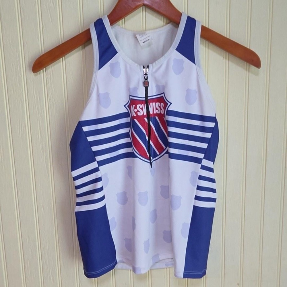 Squadra Shirt Mens Medium White Blue Zip Cycling Tank Jersey K-Swiss Triathlon